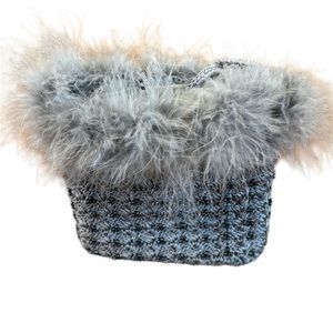 Vintage Crochet Works Small Silver Dressy Bag with beading and angora trim. EUC